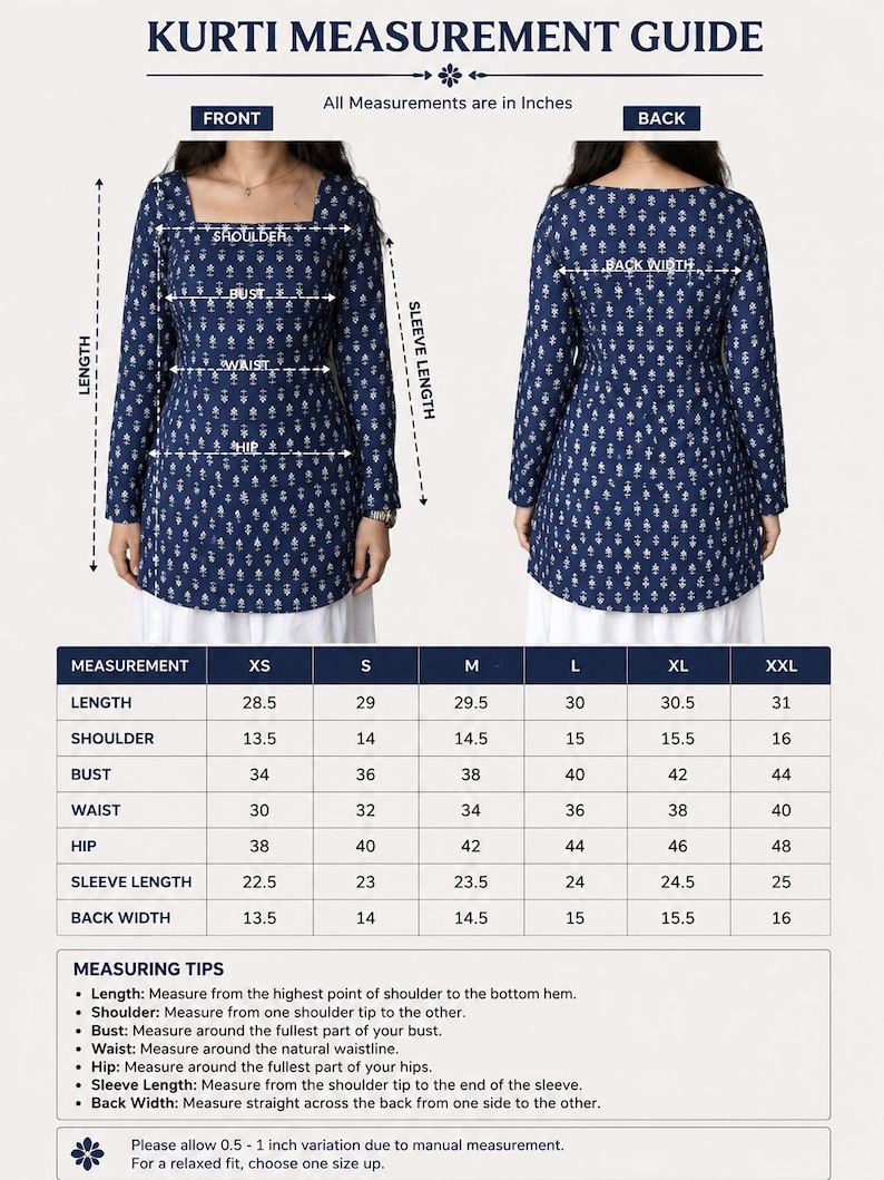 May include: A navy blue Kurti measurement guide with front and back views. The guide includes measurements in inches for length, shoulder, bust, waist, hip, sleeve length, and back width, ranging from XS to XXL. The text "KURTI MEASUREMENT GUIDE" is at the top.