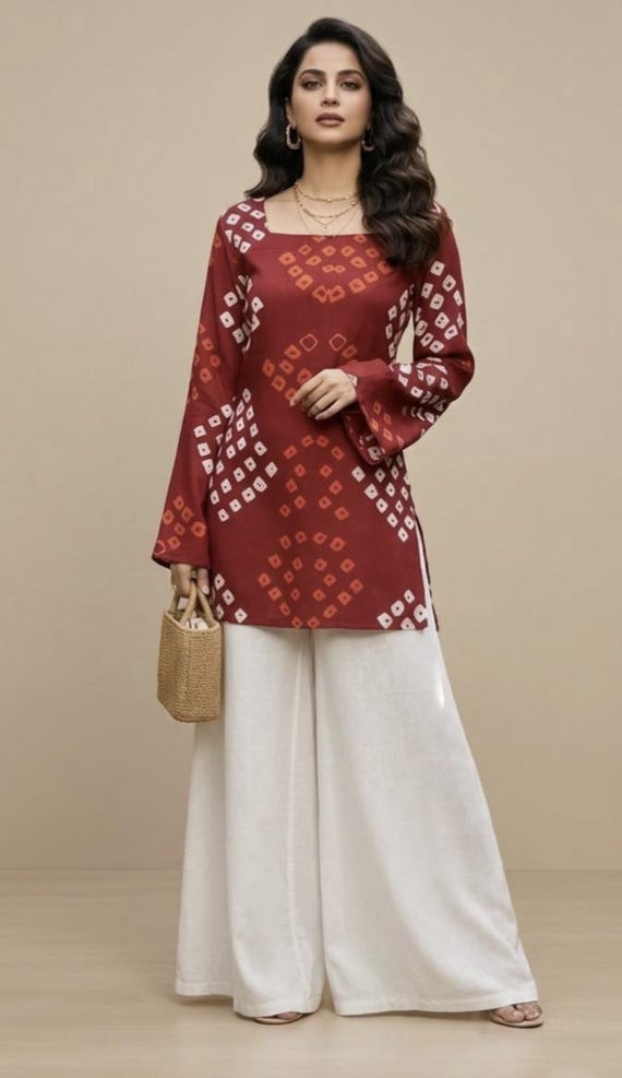 Maroon Bandhani Print Short Kurti, Flared Sleeves, Boho Chic Tunic Top