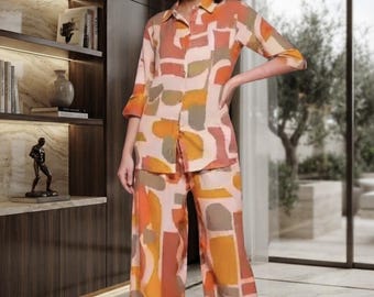 Abstract Print Cotton Co-ord Set | Women's Button-Down Shirt, Wide Leg Trouser | Summer Vacation Outfit