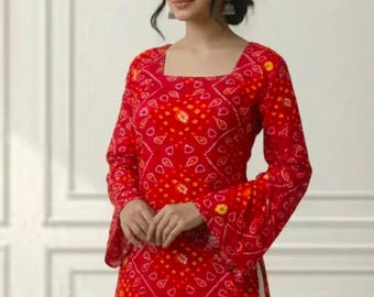 Printed Short Kurti | Straight Fit Ethnic Top, Square Neck Full Sleeve Kurta