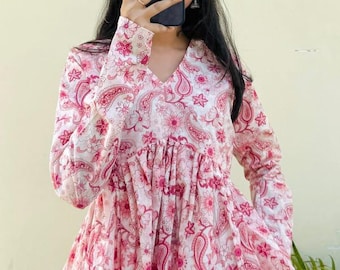 Boho Pink Floral Paisley Tunic – Cotton Summer Kurti For Woman