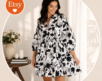Black White Floral Puff Sleeve Boho Mini Dress | V-Neck Smock Tunic