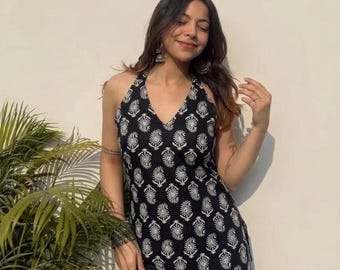 Black Hand Block Print Halter Neck Kurti – Indian Cotton Boho Summer Tunic