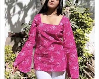 Women's Square Neck Full Flutter Sleeves Regular Fit Waist Length Short Kurti