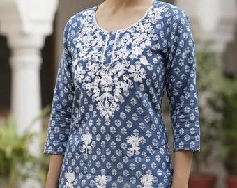 Women's Cotton Kurti, Floral Embroidery Tunic, 3/4 Sleeve Top