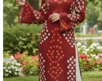 Maroon Bandhani Print Kurti | Square Neck Bell Sleeve Tunic