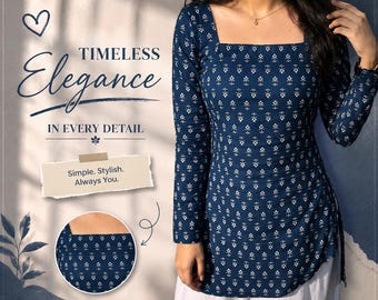 Indigo Blue Cotton Floral Kurti – Square Neck Long Sleeve Tunic, Block Print Style