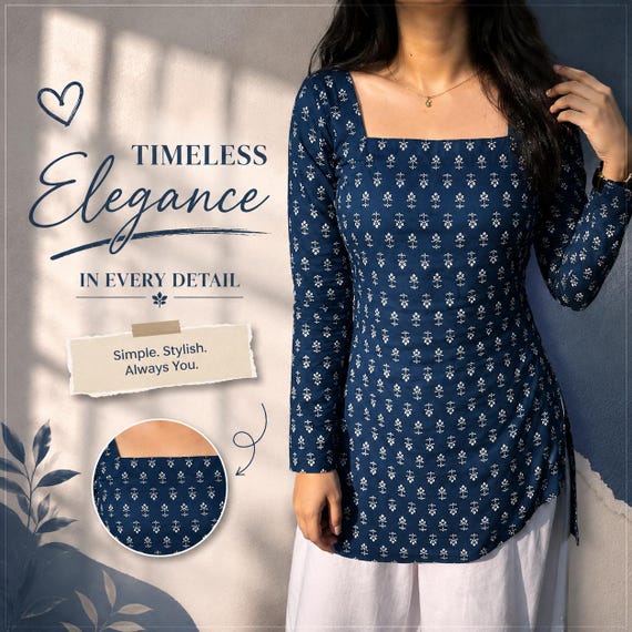 Indigo Blue Cotton Floral Kurti – Square Neck Long Sleeve Tunic, Block Print Style