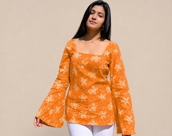 Floral Cotton Tunic Top, Square Neck Bell Sleeve Boho Blouse