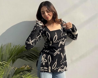 Black Cotton Tunic, Abstract Floral Print, Square Neck, Bell Sleeves
