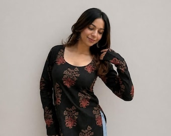 Black Cotton Floral Block Print Kurti – Boho Ethnic Tunic Top