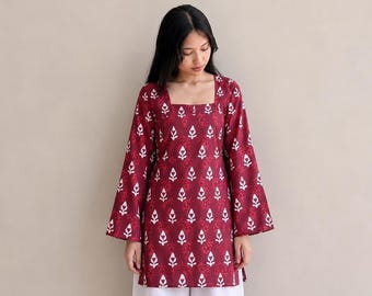 Maroon Cotton Kurti, Square Neck Bell Sleeve Tunic, Boho Summer Ethnic Top