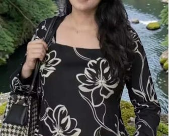 Black Floral Print Cotton Kurti, Women's Long Sleeve Tunic, Summer Ethnic Top