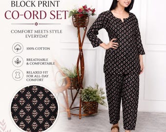 Black Cotton Hand Block Print Co-ord Set | Indian Ethnic Tunic Pants | Boho Lounge Wear