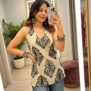 Top halter con estampado de bloques de Jaipur / Camiseta sin mangas bohemia de algodón blanco y negro para verano