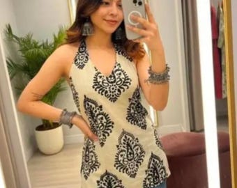 Jaipur Hand Block Print Halter Top | Black White Cotton Boho Summer Tank