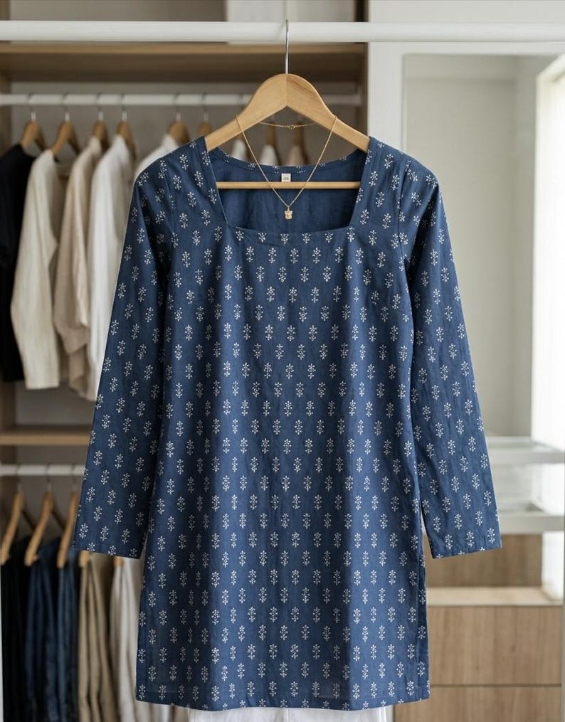 May include: A blue tunic with a square neckline and long sleeves, adorned with a white floral pattern. The tunic is hanging on a wooden hanger, with a gold necklace. The background shows a closet with clothes.