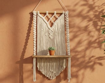 Mensola da parete in macramè, decorazione da parete boho con mensola in legno, contenitore da parete intrecciato, arazzo fatto a mano, organizer per piccoli spazi