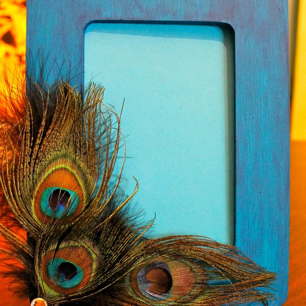 Elegant Peacock-Blue Picture Frame with Real Peacock Feathers