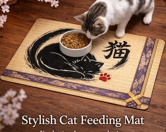 Japanese Cat Feeding Mat 12x18 Tatami Style | Non-Slip Pet Mat | Washable Cat Food Mat | Sumi-e Black Cat Design