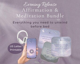 Evening Release Affirmation & Meditation Bundle | 30 Peaceful Evening Cards | Guided Meditation MP3 | US Letter Printable