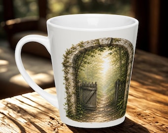 Sacred Forest Latte Mug with Woodland Gate, Mindfulness Affirmation Coffee Cup, Nature Lover Gift