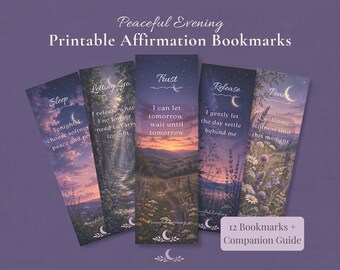 Peaceful Evening Printable Affirmation Bookmarks, 12 Bookmarks + Companion Guide