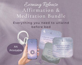 Evening Release Affirmation & Meditation Bundle | 30 Peaceful Evening Cards | Guided Meditation MP3 | A4 Printable