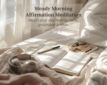 May include: A serene image of a bed with a notebook, pen, glasses, and headphones. The text reads "Steady Morning Affirmation Meditation" and "Begin your day feeling calm, grounded & clear". The scene is bathed in soft, natural light.