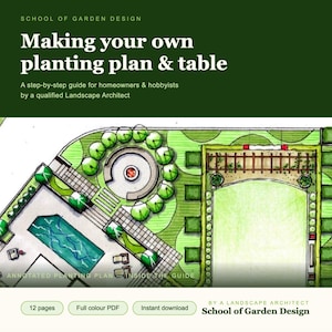 Könnte beinhalten: Ein digitales Handbuch mit dem Titel "Making your own planting plan & table" von School of Garden Design. Das Cover zeigt eine detaillierte, farbenfrohe Pflanzplan-Illustration. Der Leitfaden ist eine Schritt-für-Schritt-Anleitung für Hausbesitzer und Hobbygärtner.