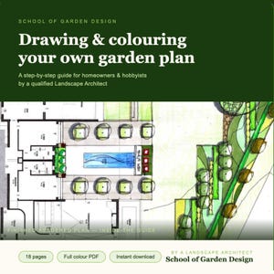 May include: A book cover featuring the title "Drawing & colouring your own garden plan" above a detailed garden plan illustration. The cover also includes the text "A step-by-step guide for homeowners & hobbyists by a qualified Landscape Architect."