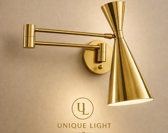 Modern Brass Swing Arm Wall Light, Adjustable Double Cone Sconce, Mid Century Gold Wall Lamp, Bedside Reading Light, Bathroom Decor Light