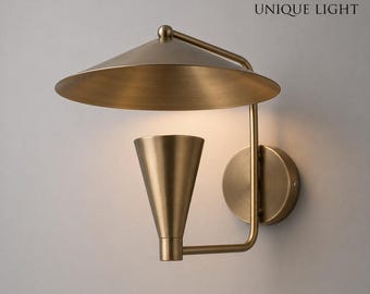 Brass Wall Light with Disc Shade, Mid Century Wall Sconce, Gold Wall Lamp, Luxury Bedroom Light, Designer Bathroom Vanity Fixture light