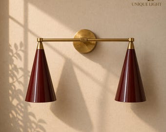 Modern Double Cone Wall Sconce | Red & Brass Wall Light | Mid Century Dual Wall Lamp | Adjustable Wall Fixture Home Decorative wall Light