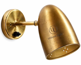 Lámpara de pared vintage, lámpara de mesita de noche industrial, aplique de pared ajustable de latón antiguo con interruptor, lámpara de pared con cúpula dorada para decoración.