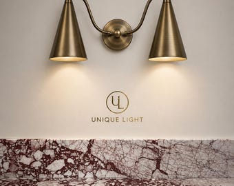 Modern Brass Double Wall Sconce | Mid Century Cone Wall Light | Gold Vanity Light Fixture Bedroom Conner Home Decorative Lamp