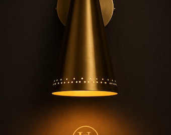 Modern Gold Wall Light, Perforated Metal Wall Lamp, Minimalist Wall Lighting, Bedroom Bedside Light Brass Cone Wall Sconce Light