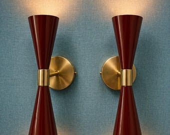 Double Head Wall Sconce Red & Brass | Mid Century Modern Wall Lamp | Dual Light Fixture | Designer Wall Lighting Wall Home Decor Light