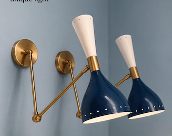 Modern Blue Wall Sconce Adjustable Brass Arm Lamp Mid Century Wall Light Bedroom Bedside Lighting Wall Unique Hanging Light Decor