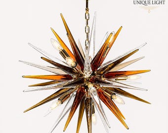 Modern Glass Sputnik Chandelier, Mid Century Starburst Ceiling Light, Luxury Gold Pendant Light, Contemporary Lighting Fixture Decor Light