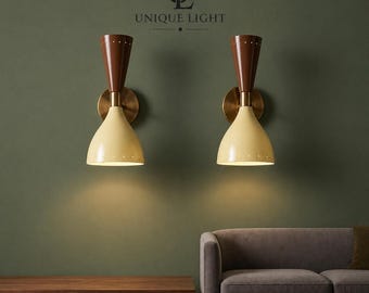 Mid Century Wall Sconce Set of 2 – Retro Dual Tone Wall Light – Brass Wall Lamp – Modern Bedside Lighting Hanging Wall Light Set