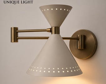 Modern Brass Double Cone Wall Light, Mid Century Wall Sconce, Adjustable Arm Wall Lamp, Gold Bedroom Light, Bathroom Hanging Light