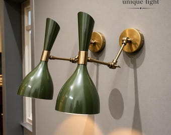 Modern Wall Lamp | Double Arm Wall Sconce Brass & Green Adjustable Dual Light Fixture |Mid Century Wall Lighting | Designer Wall Light