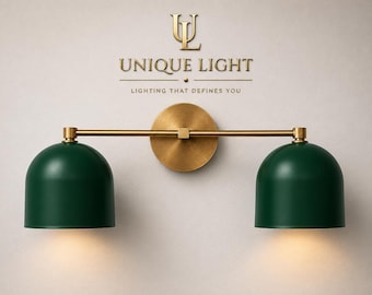 Modern Double Wall Sconce | Green & Brass Wall Light Fixture | Mid Century Wall Lamp | Dual Shade Bathroom Vanity Light | Bedroom Decor