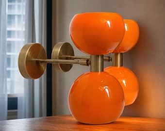 Modern Brass Wall Light with Orange Glass Globes, Mid Century Wall Sconce, Retro Wall Lamp,Bathroom Vanity Fixture, Designer Wall Light
