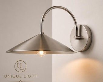 Brass Wall Light, Industrial Metal Shade Sconce, Gold Wall Lamp, Mid Century Wall Lighting, Bedroom Bedside Light, Kitchen & Hallway Decor