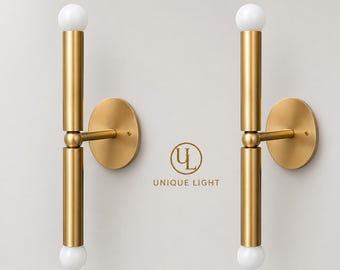 Modern Brass Vertical Wall Sconce | Minimalist Tube Wall Light | Gold Bathroom Vanity Light | Contemporary Bedroom decorative Room light