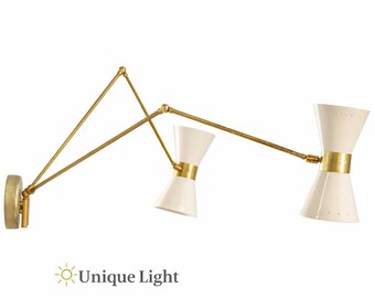 Mid Century Modern Adjustable Wall Sconce, Double Arm Brass Wall Lamp, Articulating Wall Light, Swing Arm Lamp, Bedroom Reading Light