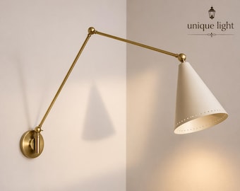 Brass Swing Arm Wall Lamp | Modern Wall Sconce with Cone Shade | Industrial Bedside Reading Light Wall Light Fixture Lamp