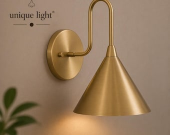 Modern Brass Wall Sconce with Curved Arm | Gold Cone Wall Light | Mid Century Wall Lamp | Bedside Reading Light Handing Wall Lamp Decor